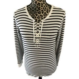 lauren ralph lauren Top Blouse Size L Henley Lace Up Black Stripes Coastal Long
